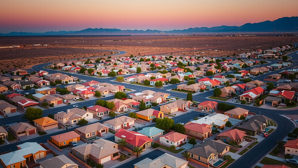 Aerial view of Las Vegas housing market during sunset.
