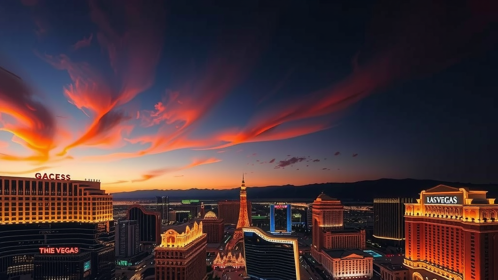Atardecer sobre las vegas con rascacielos iluminados