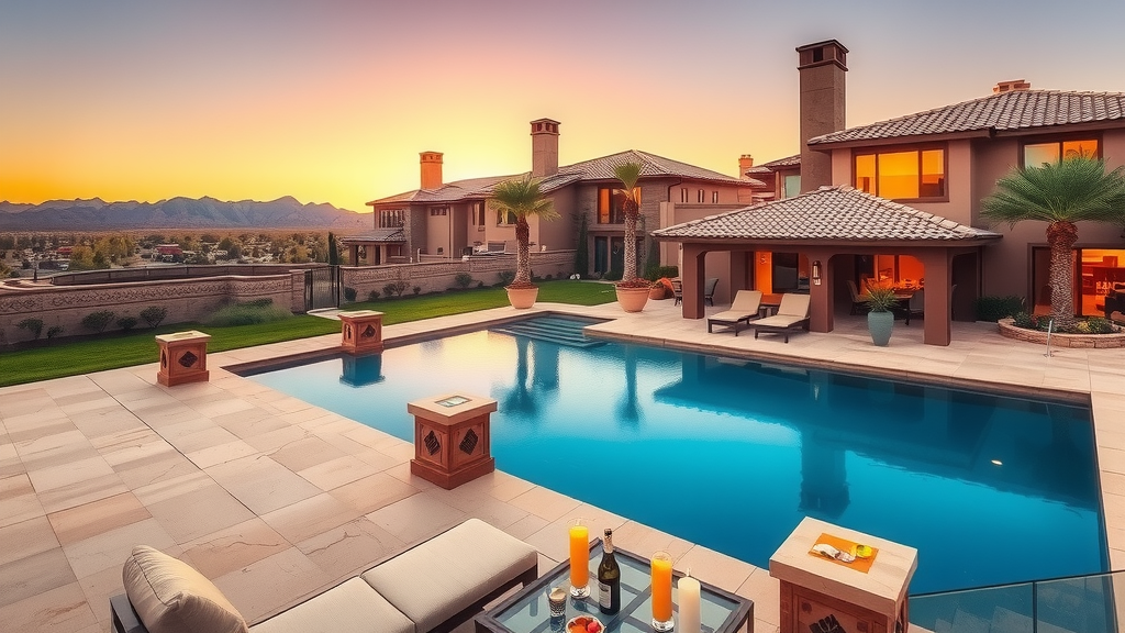 Casa de lujo en Las Vegas con piscina al atardecer.