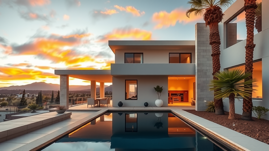 Casa moderna en las vegas con piscina y atardecer de fondo