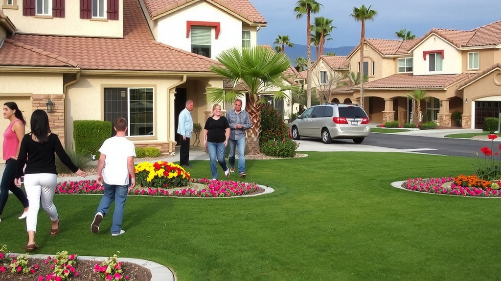 Community neighborhood in Las Vegas with families and gardens.