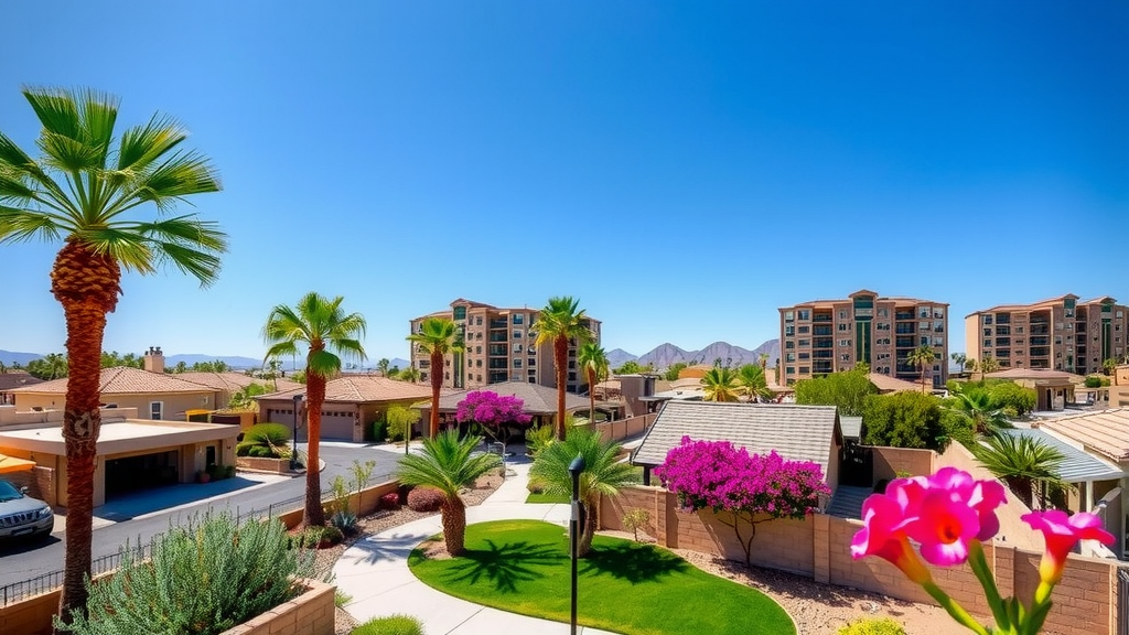 Las vegas neighborhood with mixed architecture and greenery