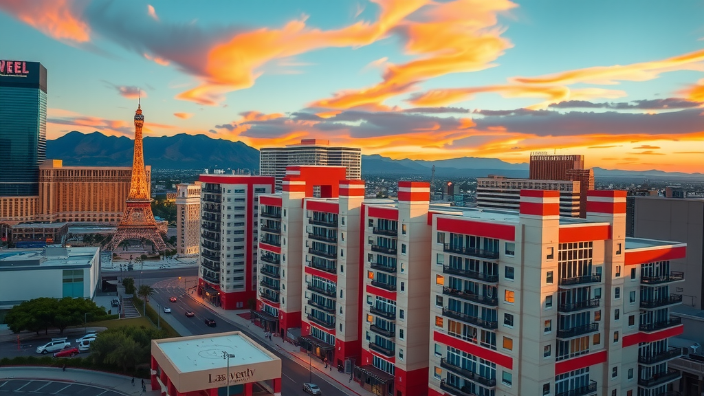 Las vegas skyline at sunset reflecting vivid colors
