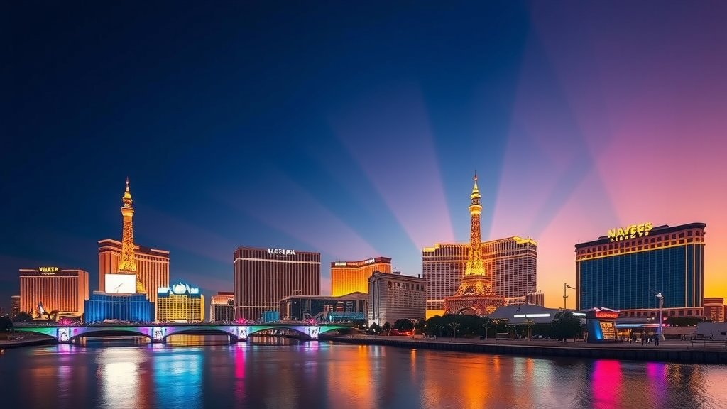 Las vegas skyline at sunset with colorful lights