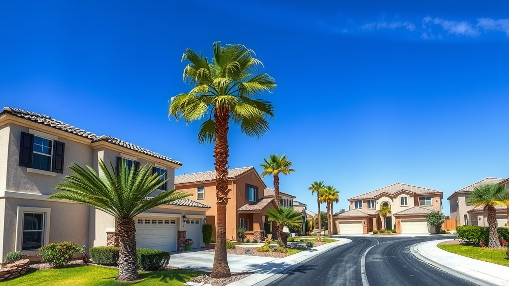 Las vegas suburban neighborhood with modern houses and palm trees