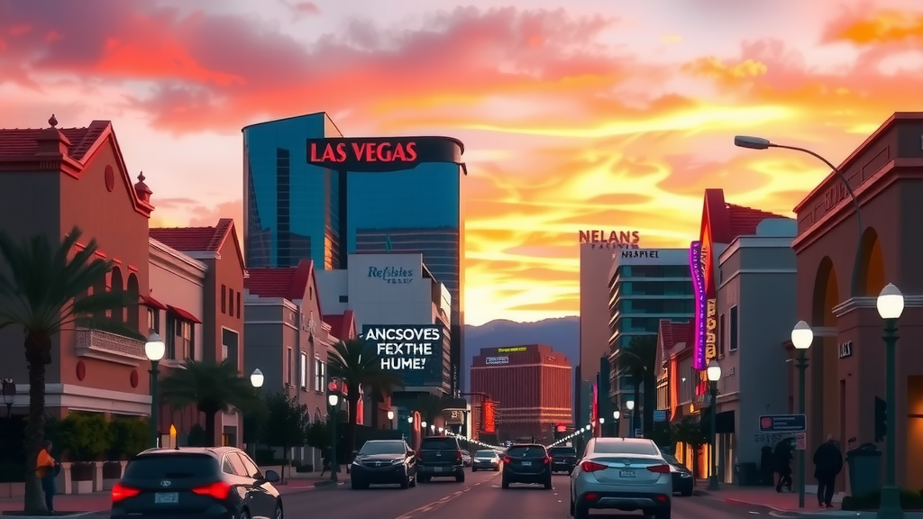 Las vegas sunset street view with modern architecture