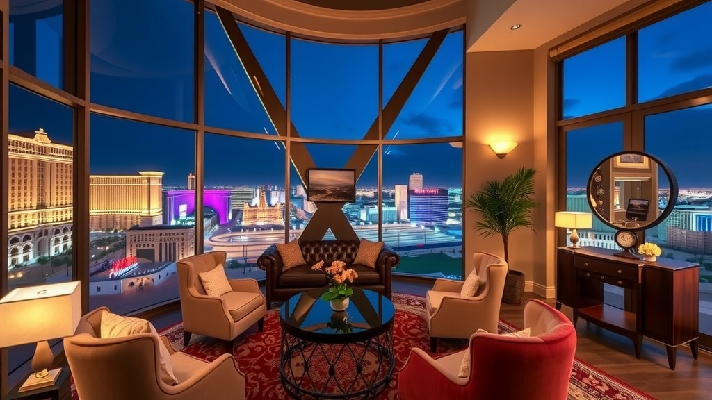Luxurious mansion interior with views of Las Vegas Strip.