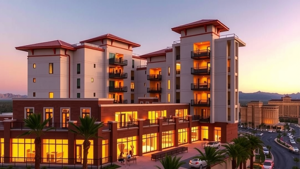 Luxury condominium exterior with las vegas skyline