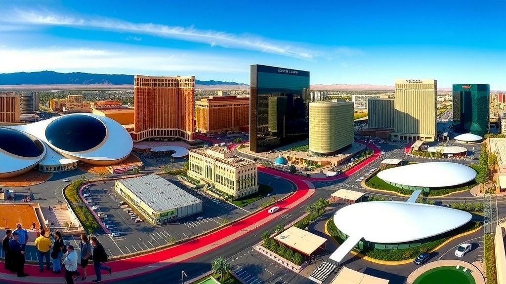 Modern las vegas skyline with construction workers and investors
