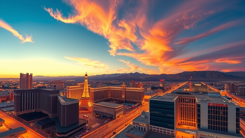 Panorama de las vegas al atardecer con edificios y desierto