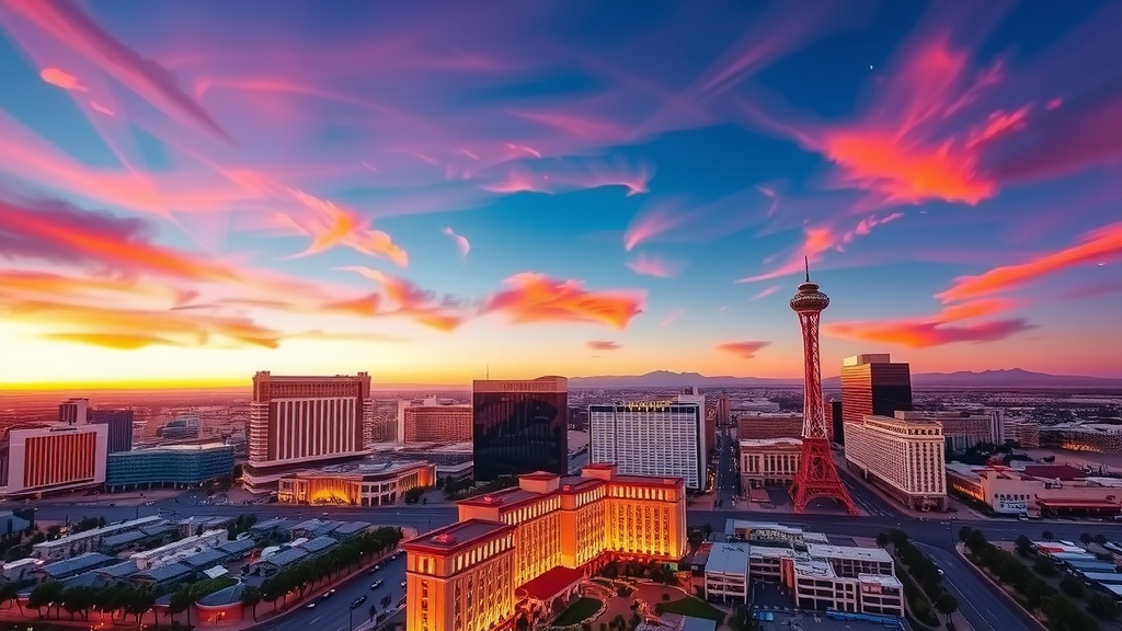 Panorymica de nuevas construcciones en las vegas al atardecer