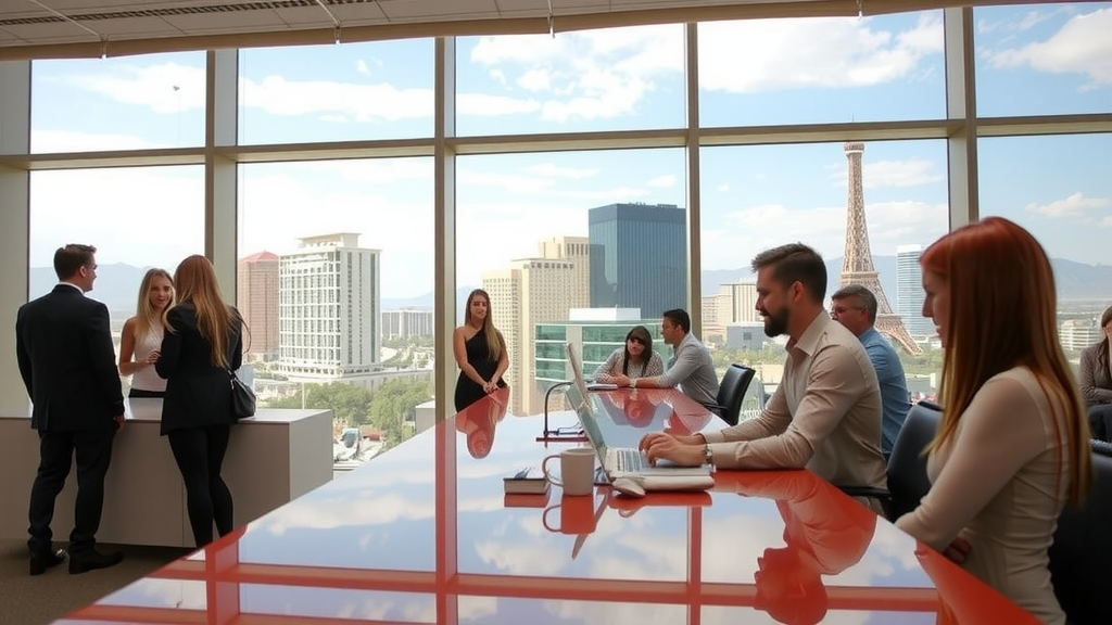 Real estate agents in a modern office in las vegas discussing property listings
