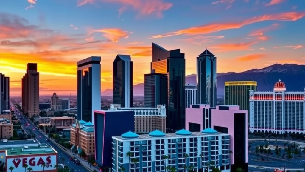 Skyline of las vegas with luxury buildings and a colorful sunset