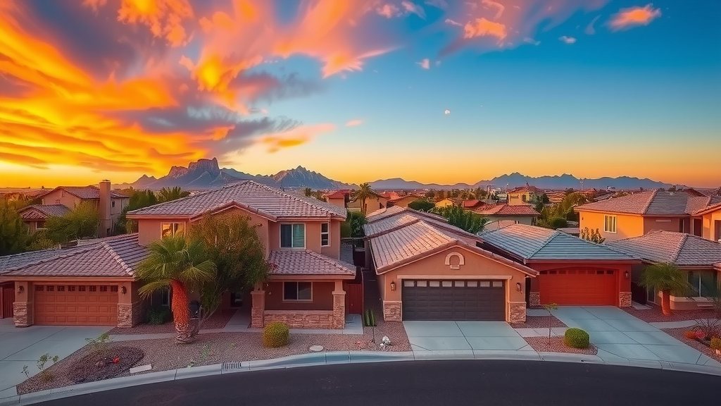 Vecindario residencial en las vegas al atardecer con casas y montayas