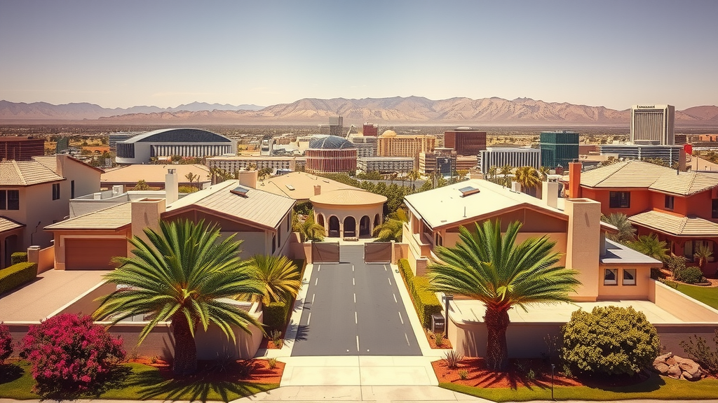 Vibrant las vegas neighborhood with modern architecture and palm trees