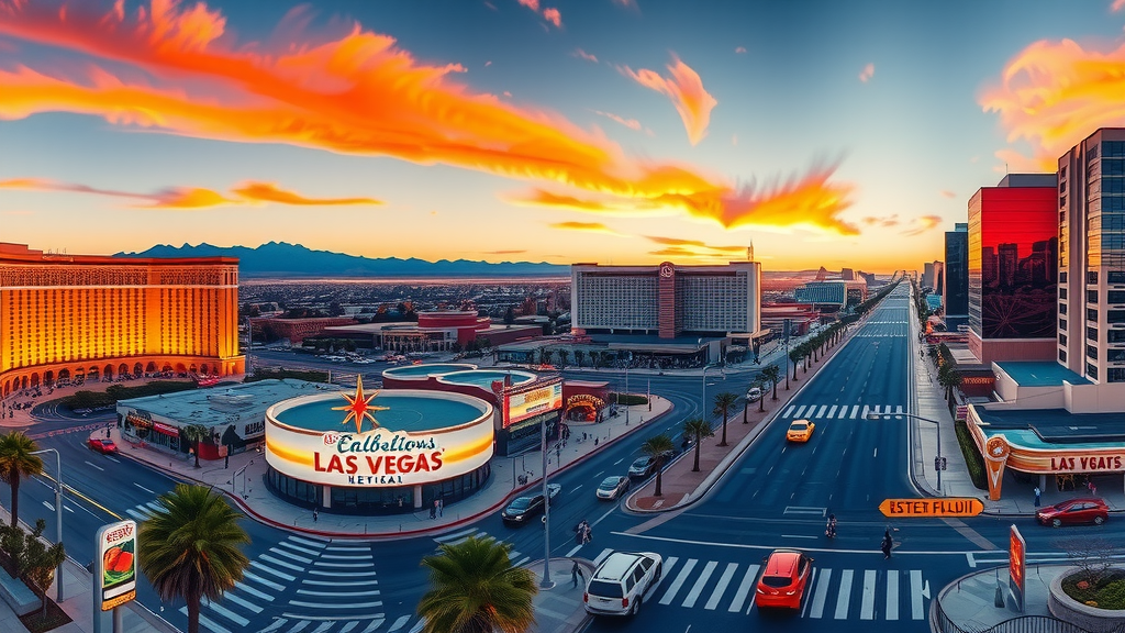 Vista de la ciudad de las vegas al atardecer rascacielos y tryfico