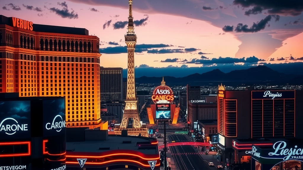 Vista nocturna del strip de las vegas vibrante y luminosa