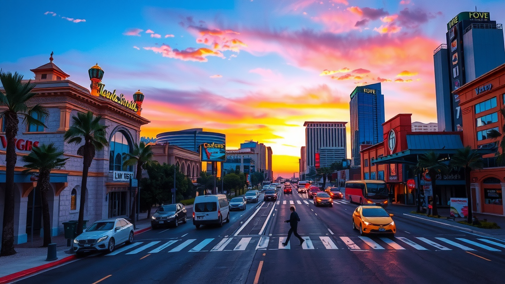 Atardecer en las vegas con rascacielos y personas en la acera