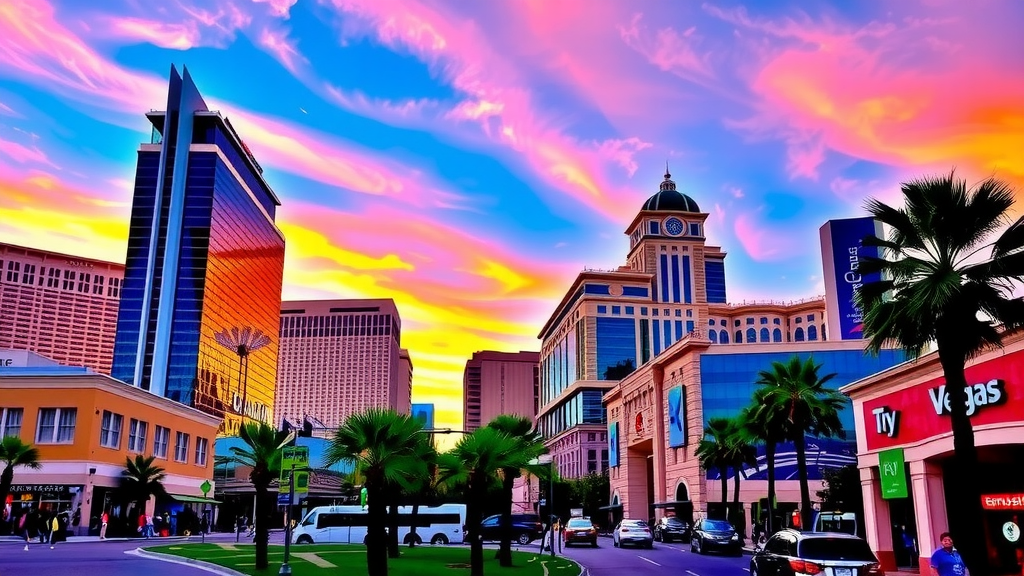 Las vegas skyline at sunset busy streets modern architecture