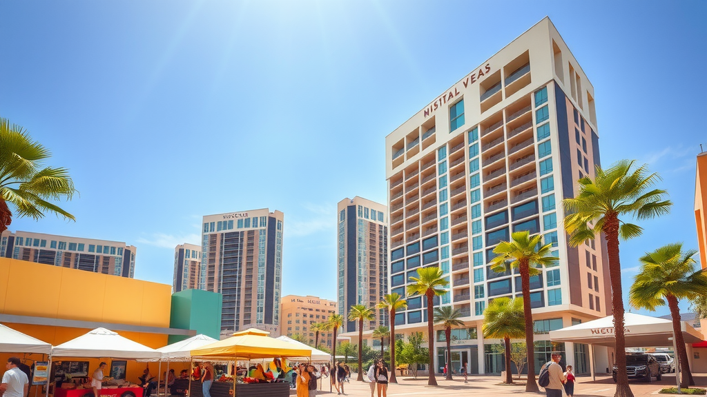 Modern high rise residential building in las vegas with bustling outdoor market