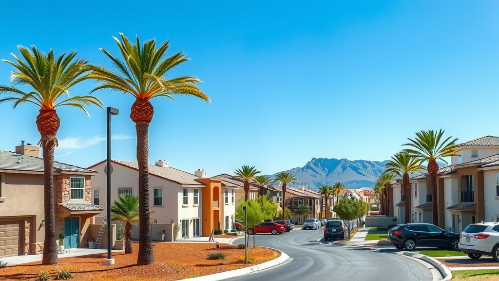 Modern las vegas neighborhood with homes and palm trees