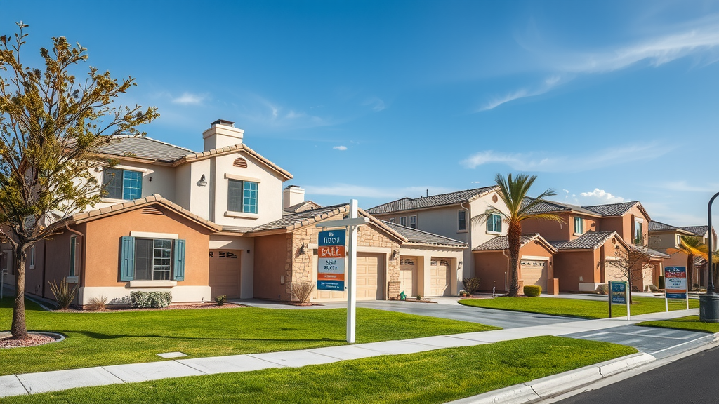 Modern suburban neighborhood in las vegas with for sale signs and family homes