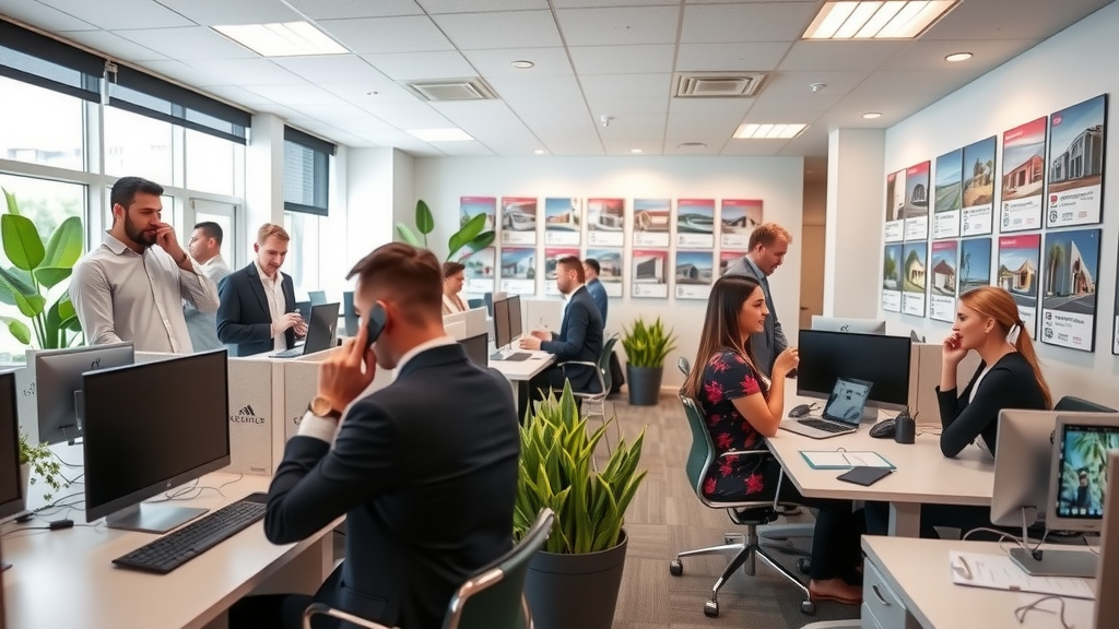 Real estate agents discussing listings in a vibrant las vegas office