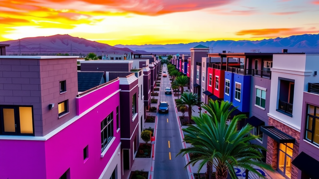 Sunset view of a townhome lined street in las vegas
