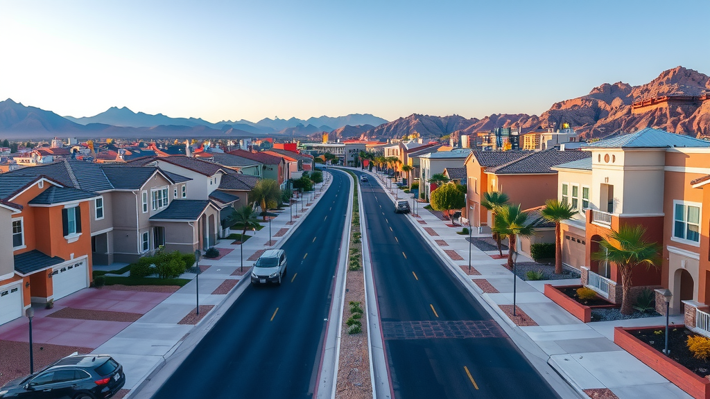 Residential street in Las Vegas at sunset with modern houses and a calm atmosphere.