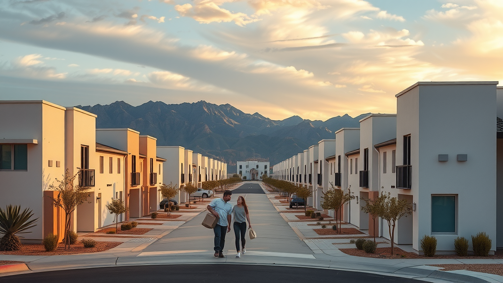 Desarrollo de casas nuevas en las vegas al atardecer con pareja joven entrando a una vivienda moderna y montayas desyrticas al fondo